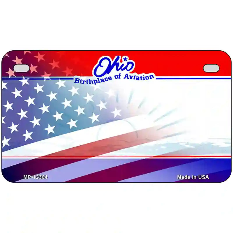 Ohio with American Flag Novelty Metal License Plate 7" x 4" (MP)