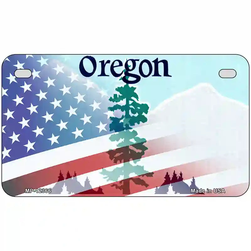 Oregon with American Flag Novelty Metal License Plate 7" x 4" (MP)