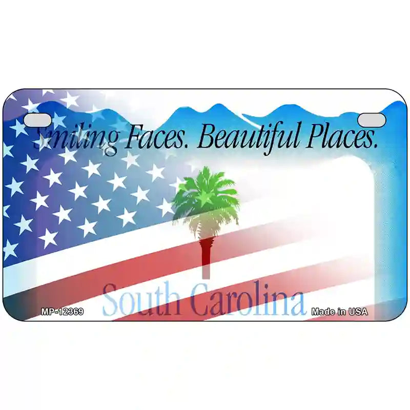 South Carolina with American Flag Novelty Metal License Plate 7" x 4" (MP)