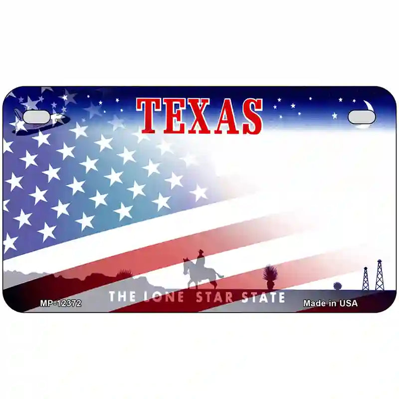 Texas with American Flag Novelty Metal License Plate 7" x 4" (MP)