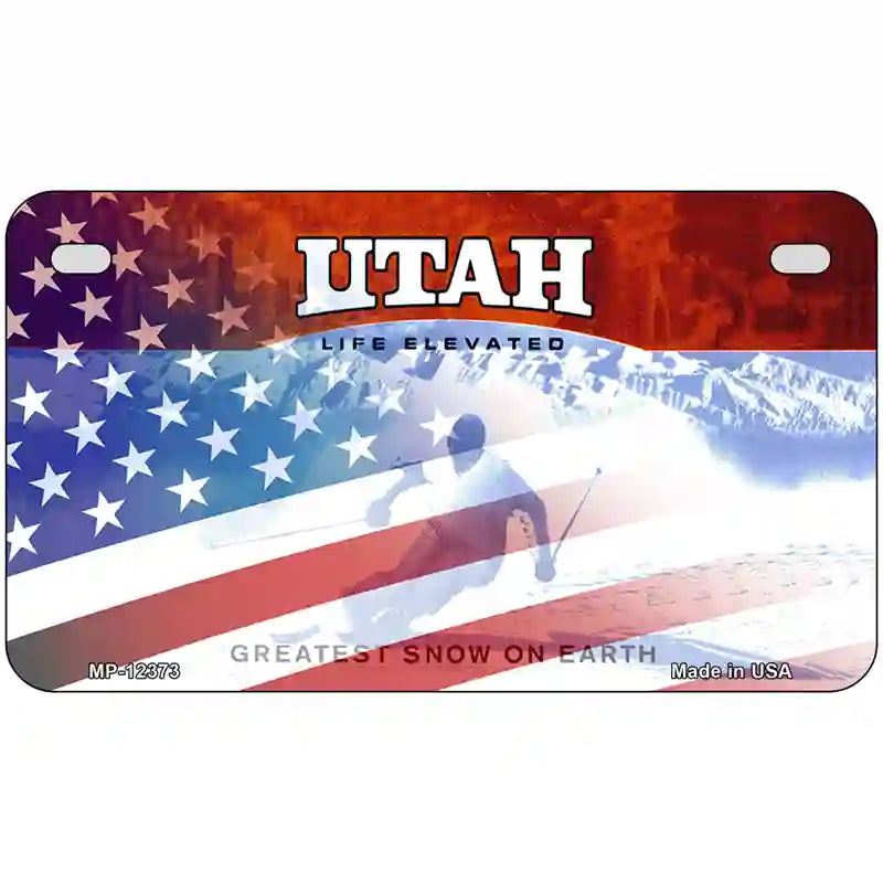 Utah with American Flag Novelty Metal License Plate 7" x 4" (MP)