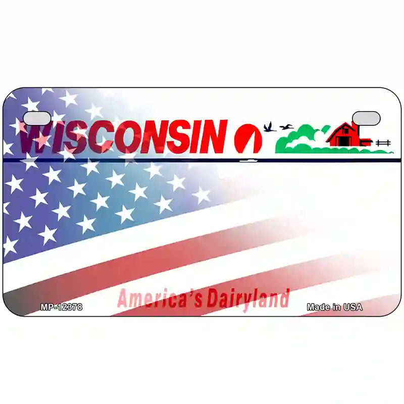 Wisconsin with American Flag Novelty Metal License Plate 7" x 4" (MP)