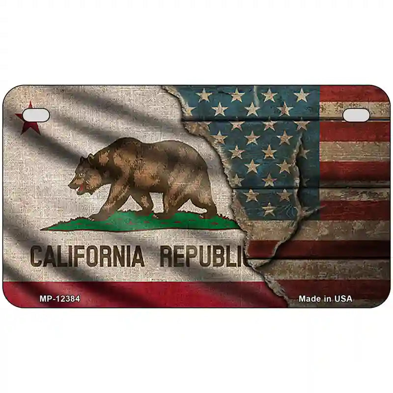 California/American Flag Novelty Metal License Plate 7" x 4" (MP)