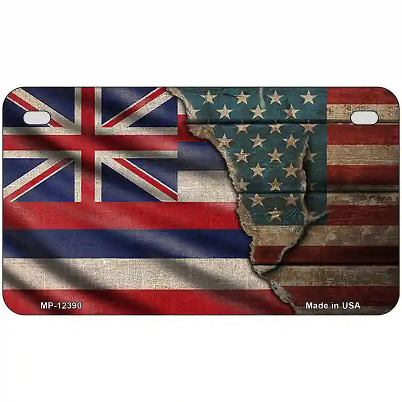 Hawaii/American Flag Novelty Metal License Plate 7" x 4" (MP)