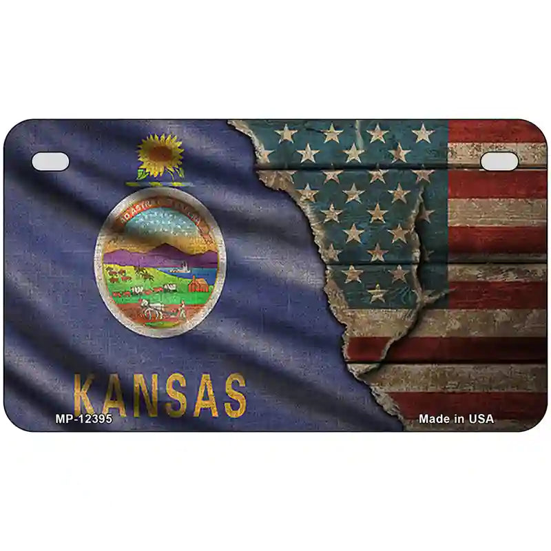 Kansas/American Flag Novelty Metal License Plate 7" x 4" (MP)