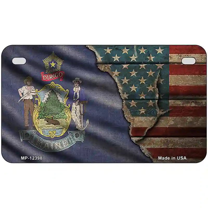 Maine/American Flag Novelty Metal License Plate 7" x 4" (MP)