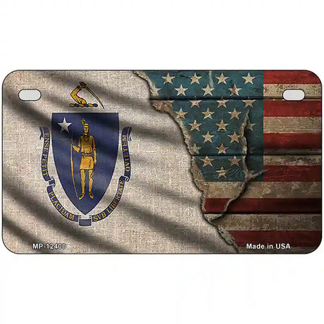 Massachusetts/American Flag Novelty Metal License Plate 7" x 4" (MP)