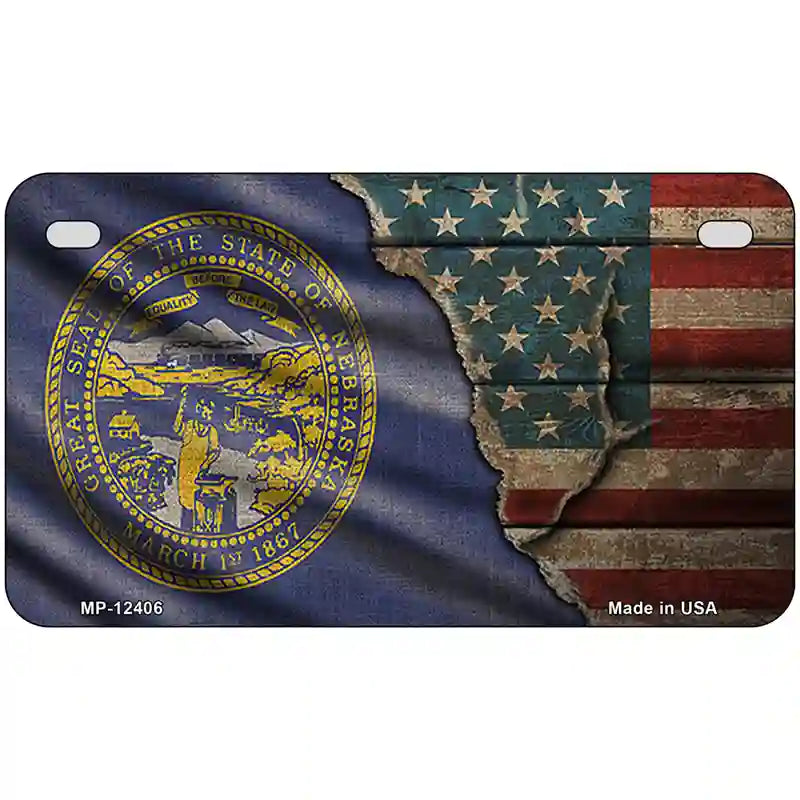 Nebraska/American Flag Novelty Metal License Plate 7" x 4" (MP)