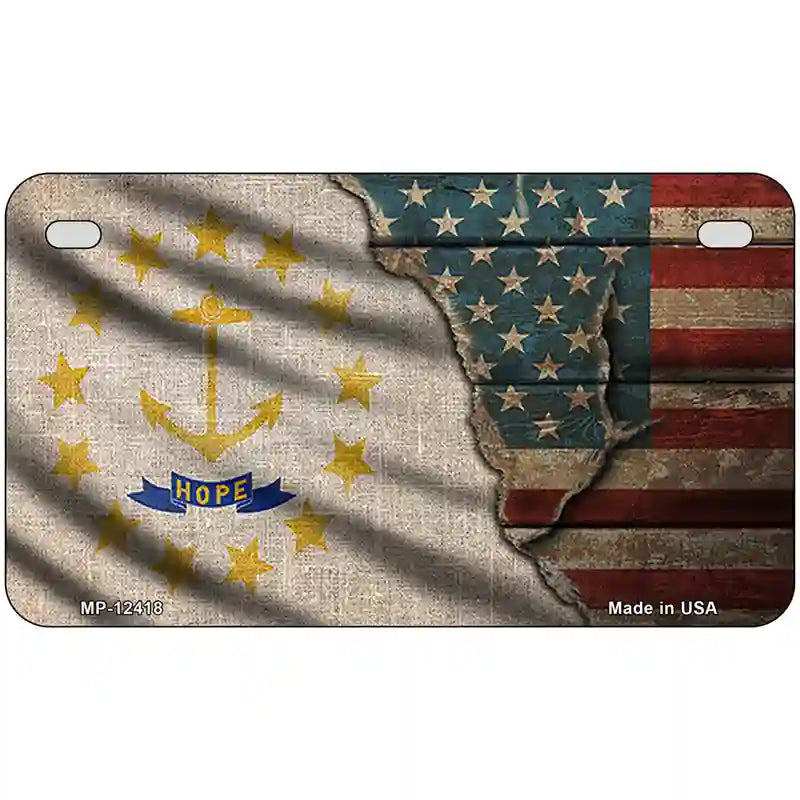 Rhode Island/American Flag Novelty Metal License Plate 7" x 4" (MP)