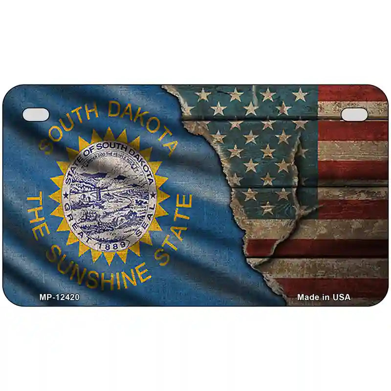 South Dakota/American Flag Novelty Metal License Plate 7" x 4" (MP)