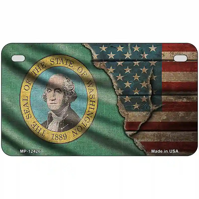 Washington/American Flag Novelty Metal License Plate 7" x 4" (MP)