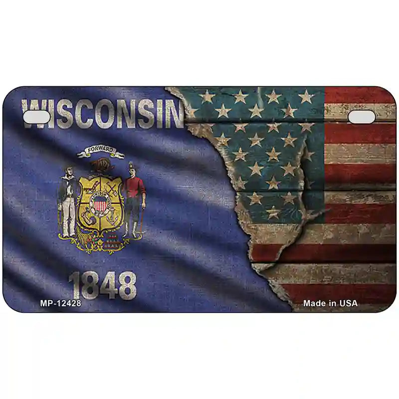 Wisconsin/American Flag Novelty Metal License Plate 7" x 4" (MP)