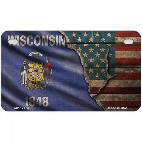 Wisconsin/American Flag Novelty Metal License Plate 7" x 4" (MP)