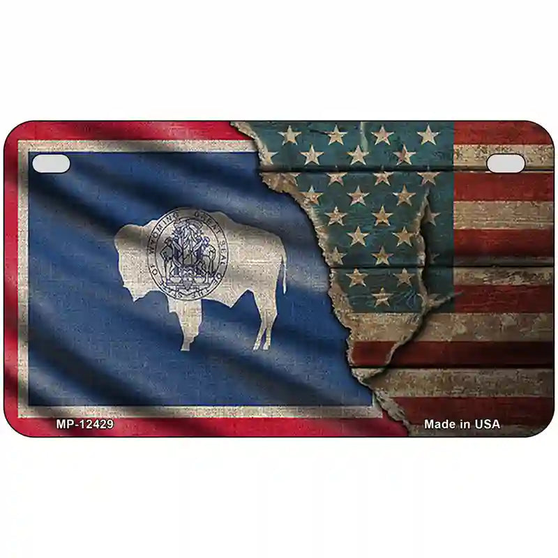 Wyoming/American Flag Novelty Metal License Plate 7" x 4" (MP)