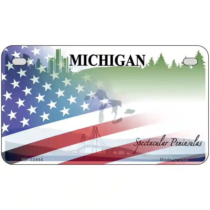 Michigan Peninsulas Plate American Flag Novelty Metal License Plate 7" x 4" (MP)