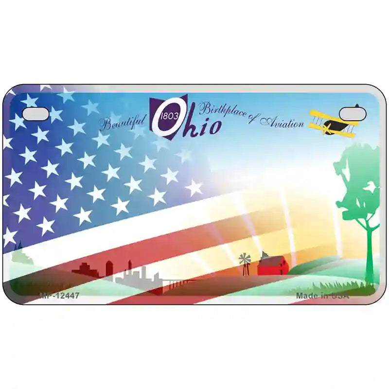 Ohio with American Flag Novelty Metal License Plate LP-12447 7" x 4" (MP)