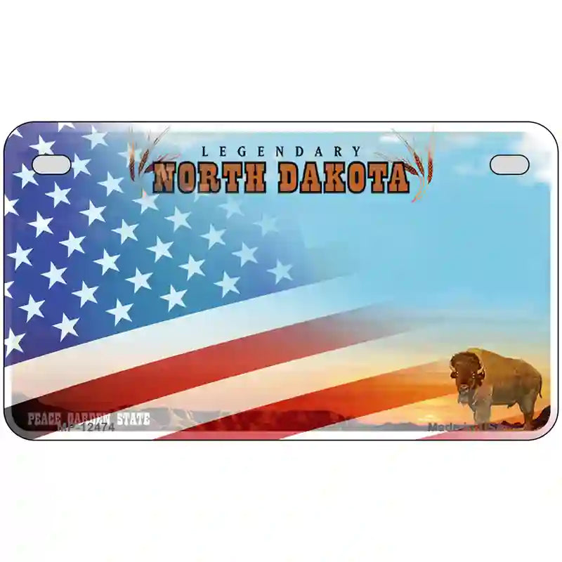 North Dakota with American Flag Novelty Metal License Plate LP-12474 7" x 4" (MP)