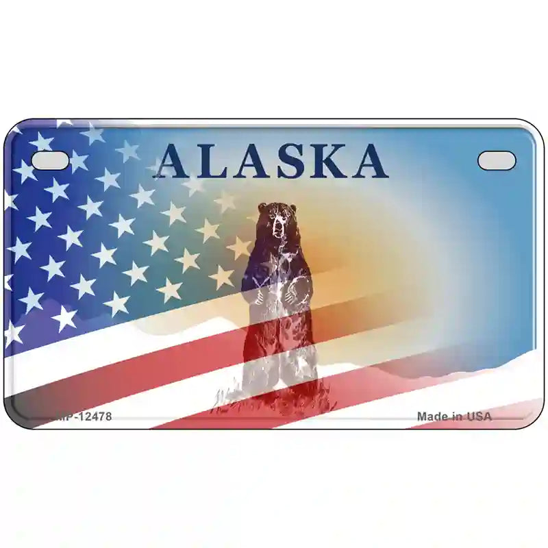 Alaska Bear with American Flag Novelty Metal License Plate 7" x 4" (MP)