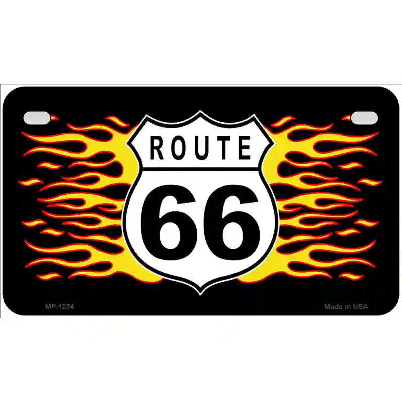 Route 66 Flames Novelty Metal License Plate 7" x 4" (MP)