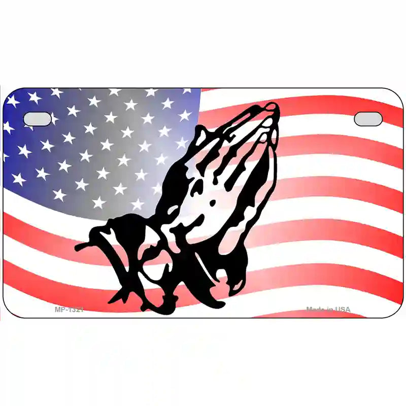 American Flag Praying Hands Novelty Metal License Plate 7" x 4" (MP)