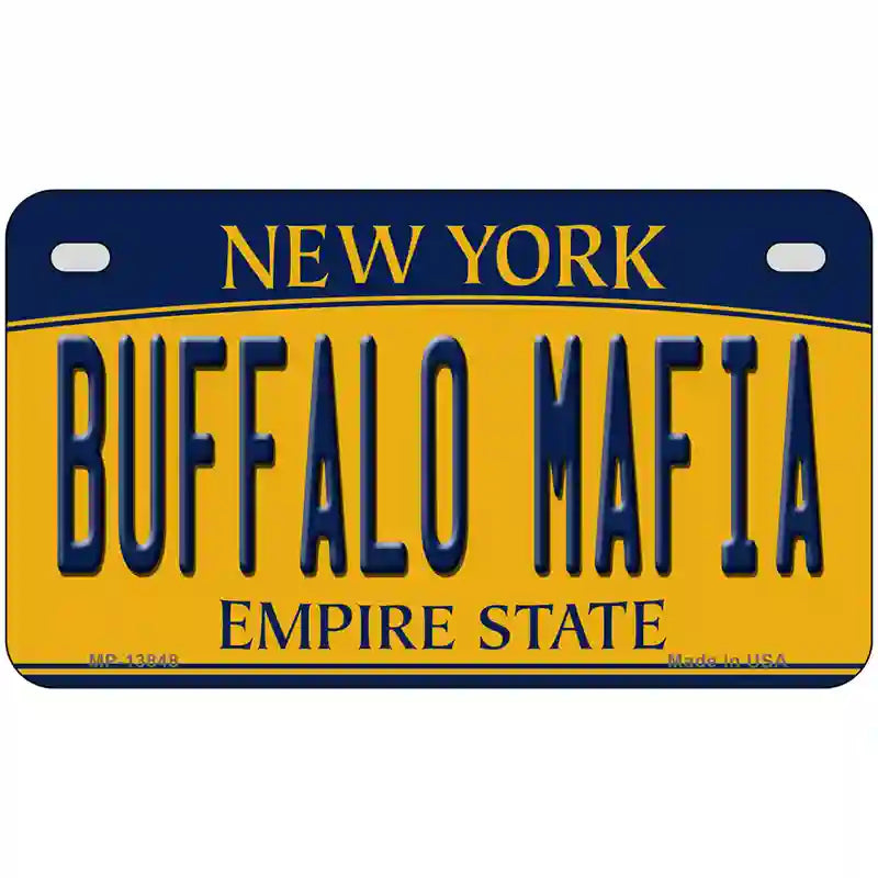 Buffalo Mafia NY Yellow Novelty Metal License Plate Tag 7" x 4" (MP)