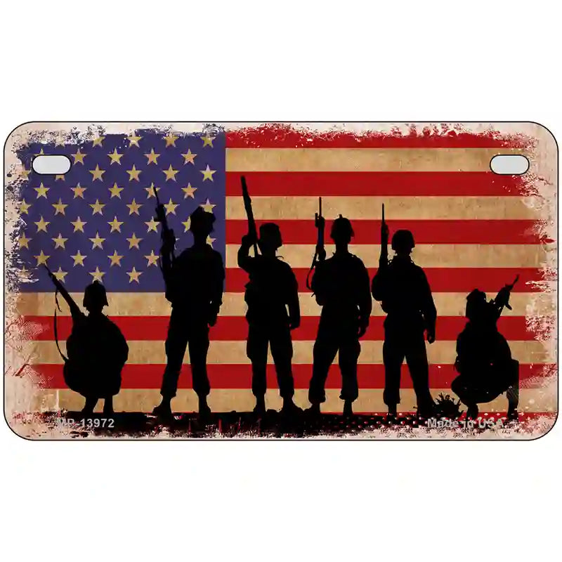 Military Soldiers American Flag Novelty Metal License Plate Tag 7" x 4" (MP)