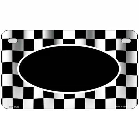 Waving Checkered Flag With Black Center Oval Metal Novelty License Plate 7" x 4" (MP)