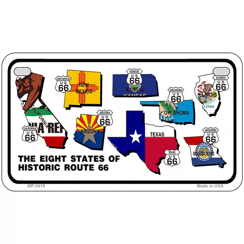 Route 66 Historic 8 Flags Metal Novelty License Plate 7" x 4" (MP)