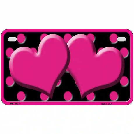 Hot Pink Black Polka Dot Hot Pink Center Hearts Novelty License Plate 7" x 4" (MP)