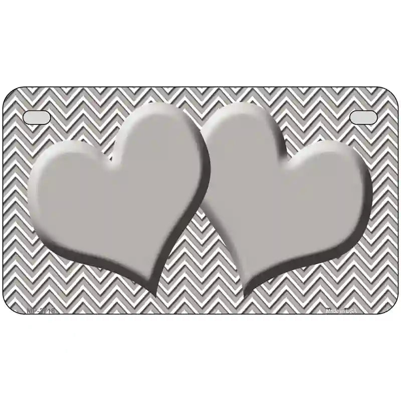 Grey White Chevon Grey Center Hearts Metal Novelty License Plate 7" x 4" (MP)