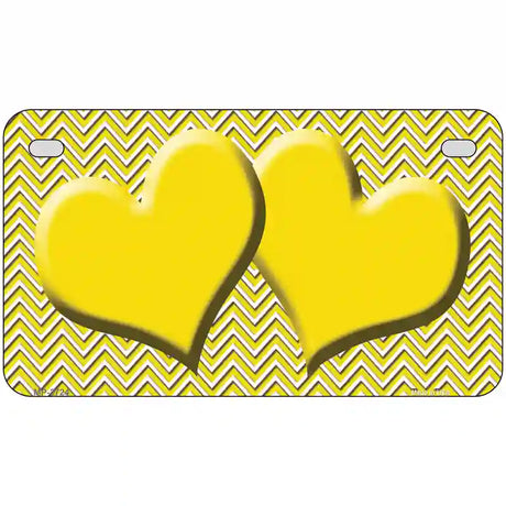 Yellow White Chevron Yellow Center Hearts Metal Novelty License Plate 7" x 4" (MP)