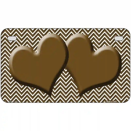 Brown White Chevron Brown Center Hearts Metal Novelty License Plate 7" x 4" (MP)