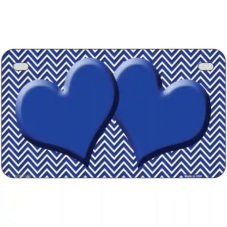 Blue White Chevron Blue Center Hearts Metal Novelty License Plate 7" x 4" (MP)