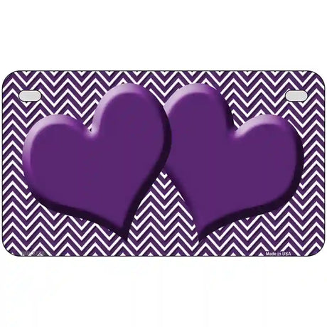 Purple White Chevron Purple Center Hearts Metal Novelty License Plate 7" x 4" (MP)