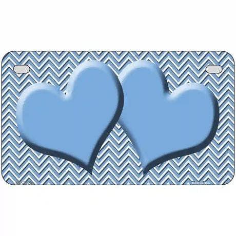 Light Blue White Chevron Light Blue Center Hearts Metal Novelty License Plate 7" x 4" (MP)