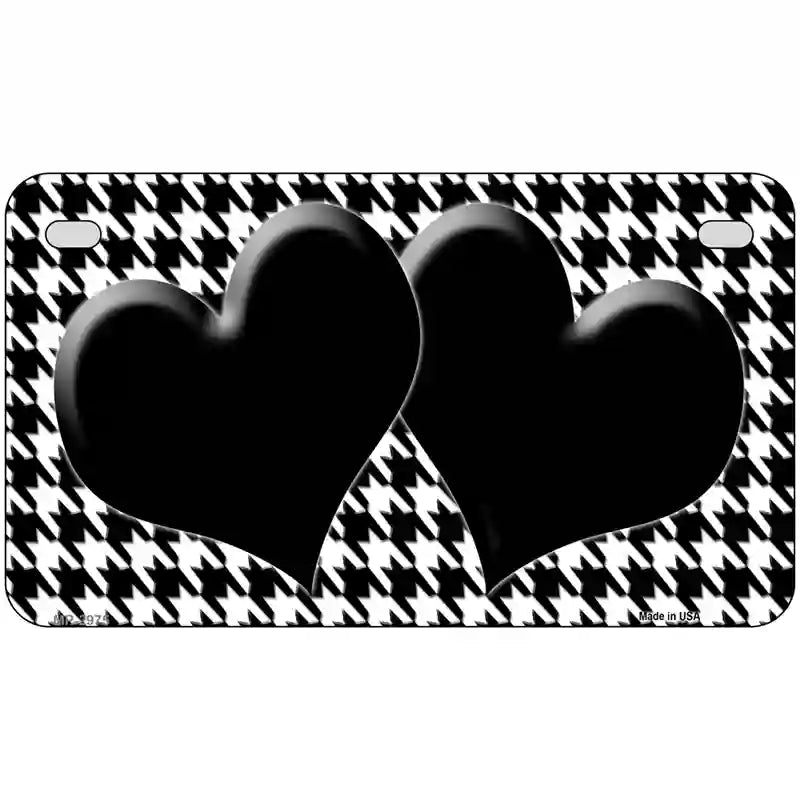 White Black Houndstooth Black Center Hearts Metal Novelty License Plate 7" x 4" (MP)