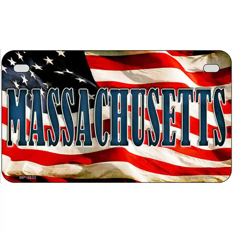 Massachusetts on American Flag Metal Novelty License Plate 7" x 4" (MP)