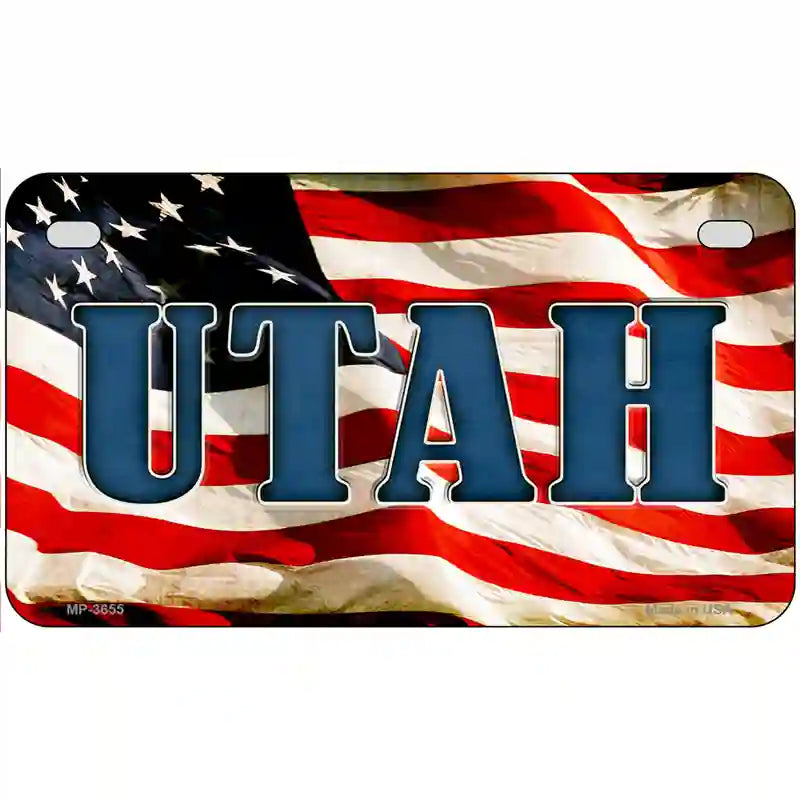 Utah on American Flag Metal Novelty License Plate 7" x 4" (MP)