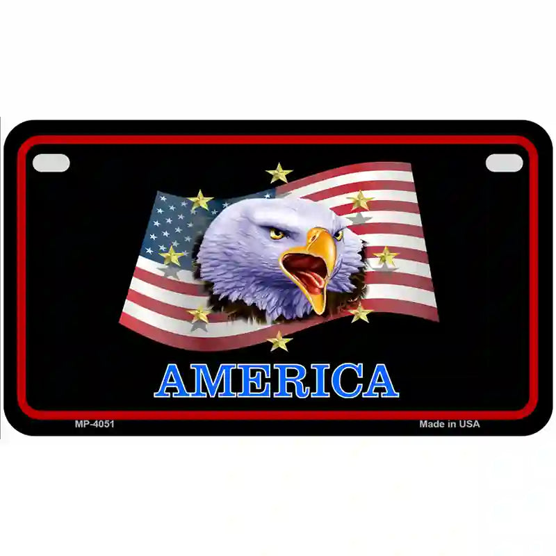 Waving Flag Bald Eagle Black Metal Novelty License Plate 7" x 4" (MP)