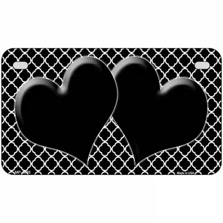 Black White Quatrefoil Black Center Hearts Metal Novelty License Plate 7" x 4" (MP)