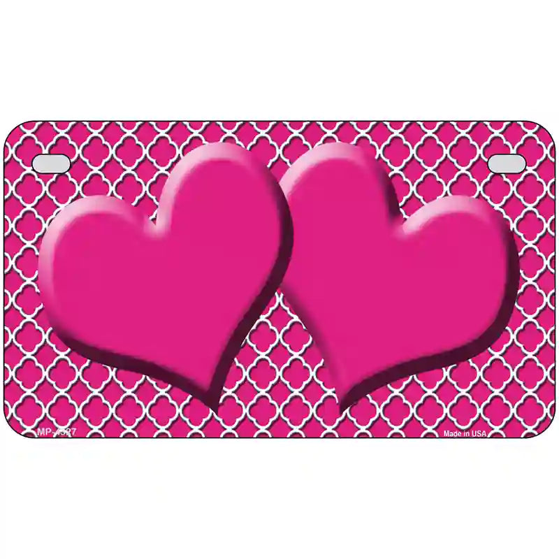 Pink White Quatrefoil Hot Pink Center Hearts Metal Novelty License Plate 7" x 4" (MP)