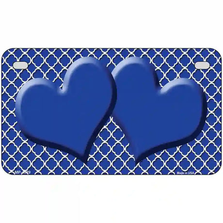 Blue White Quatrefoil Blue Center Hearts Metal Novelty License Plate 7" x 4" (MP)