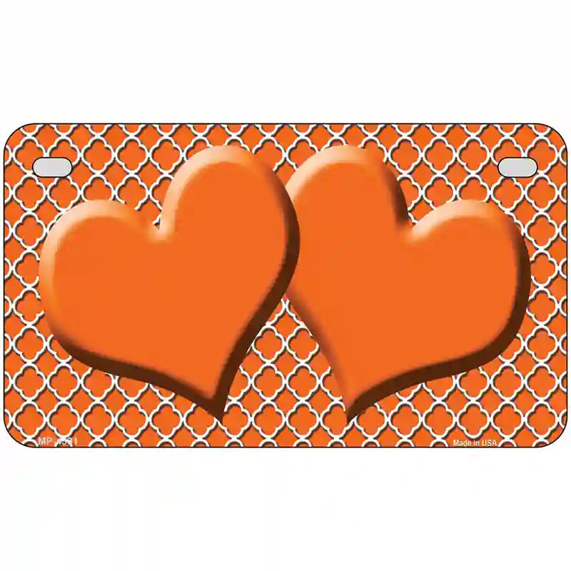 Orange White Quatrefoil Orange Center Hearts Metal Novelty License Plate 7" x 4" (MP)