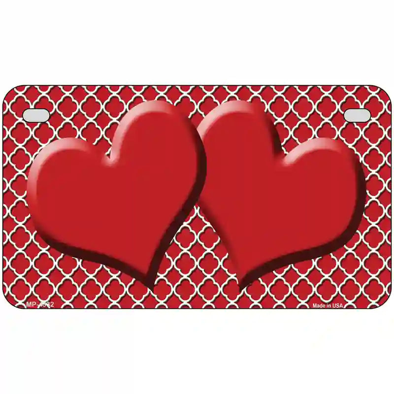 Red White Quatrefoil Red Center Hearts Metal Novelty License Plate 7" x 4" (MP)