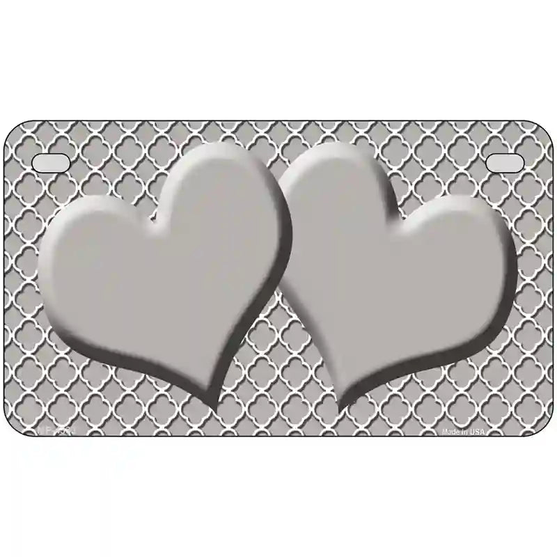 Grey White Quatrefoil Grey Center Hearts Metal Novelty License Plate 7" x 4" (MP)