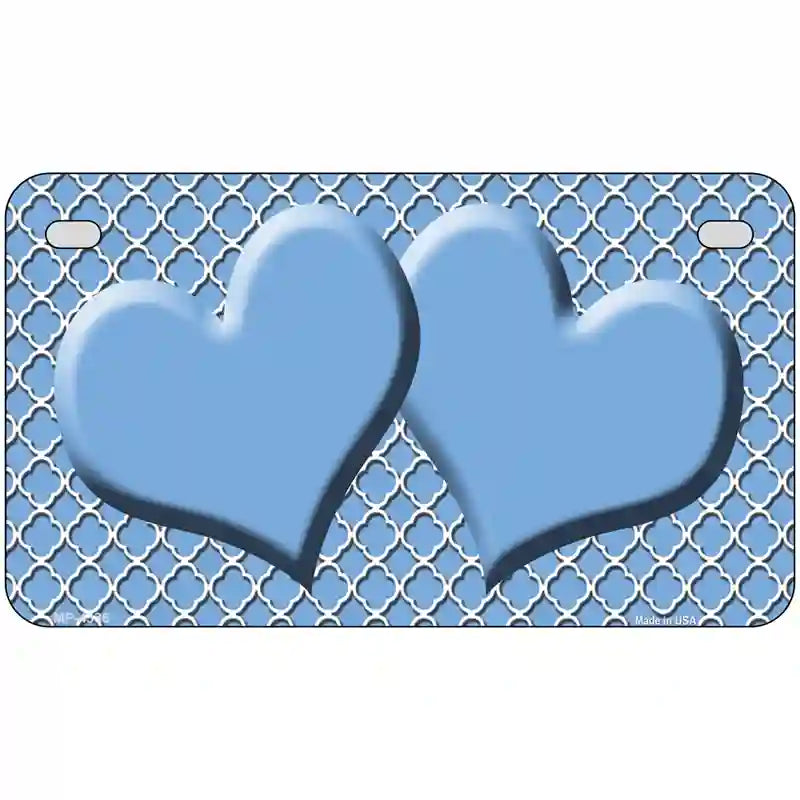 Light Blue White Quatrefoil Light Blue Center Hearts Metal Novelty License Plate 7" x 4" (MP)