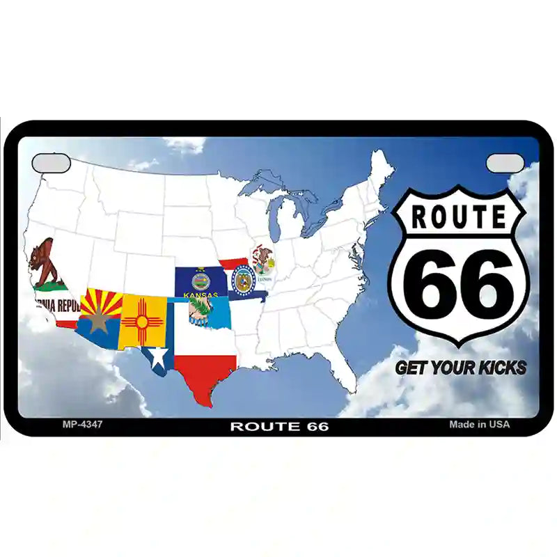 Route 66 8 Flags Clouds Metal Novelty License Plate 7" x 4" (MP)