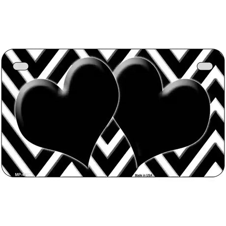 Black White Chevron Black Center Hearts Metal Novelty License 7" x 4" (MP)