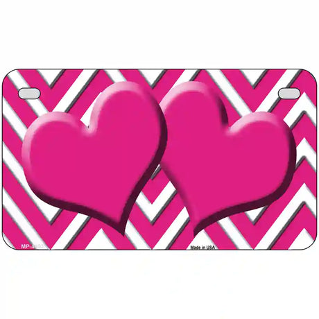 Pink White Chevron Hot Pink Center Hearts Metal Novelty License Plate 7" x 4" (MP)