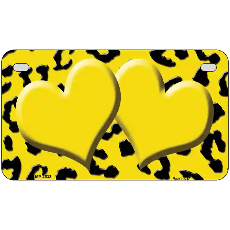 Yellow Black Cheetah Yellow Center Hearts Metal Novelty License Plate 7" x 4" (MP)